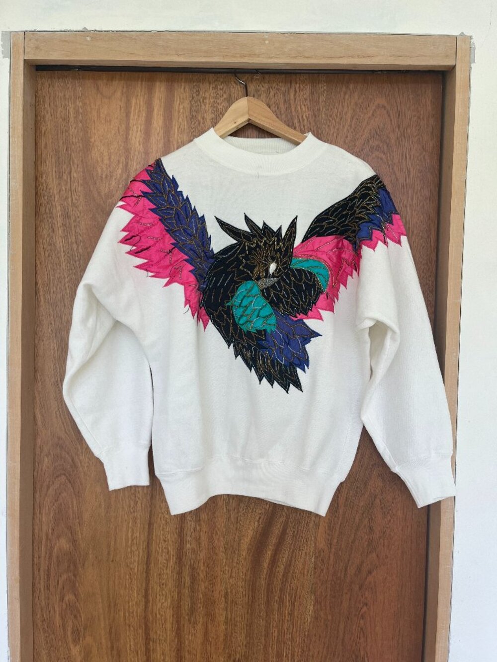 Vintage 80s Beaded Parrot Slouchy Sweatshirt S